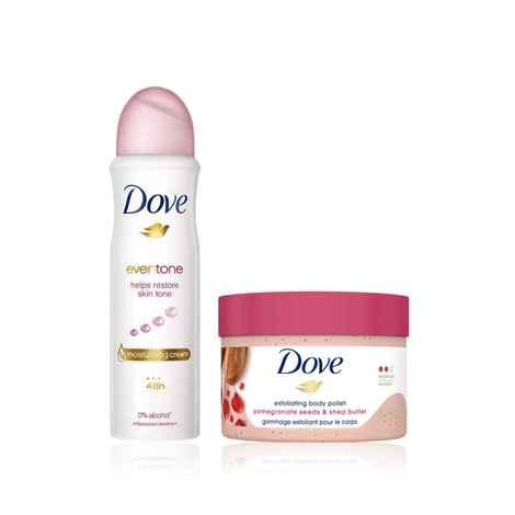 Buy Dove International Soft Glow Essentials Combo ( Body Polish Scrub Shea Butter & Pomegranate Seeds 298 gm + Eventone Deodorant For Women 150 ml)Combo of 2 - Purplle