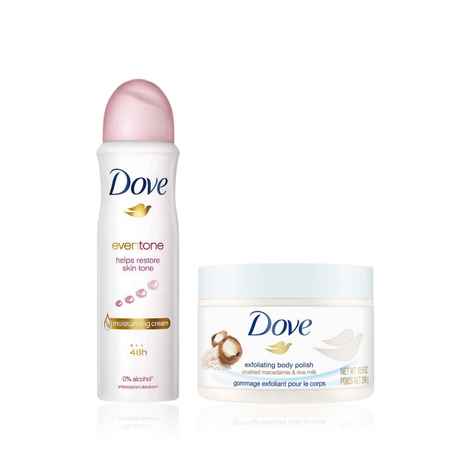 Dove International Silky Glow Essentials Combo ( Body Polish Scrub Rice Milk And Moisturizing Macadamia 298 gm + Eventone Deodorant For Women 150 ml ) Combo of 2