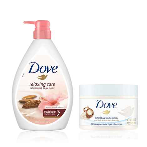Dove International Almond Luxe Ritual Combo ( Almond Cream Body Wash with Hibiscus for Smooth Skin Soft & Sweet Scent 1L + Body Polish Scrub Rice Milk And Moisturizing Macadamia 298 gm ) Combo of 2