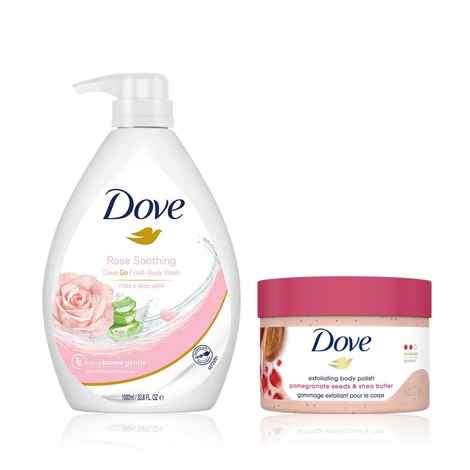 Buy Dove International Exfoliate & Nourish Combo (Rose & Aloe Vera Body Wash for Replenished Skin Refreshing Scent 1L - 1000 ml +Body Polish Scrub Shea Butter & Pomegranate Seeds 298 gm ) Combo of 2 - Purplle