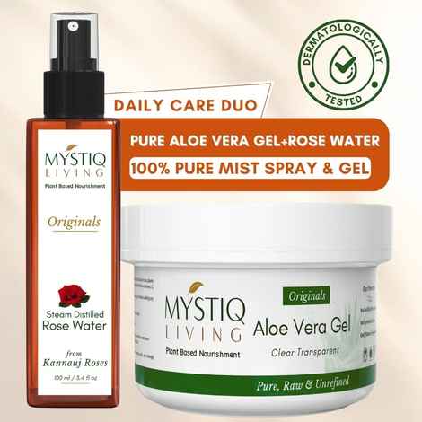 Mystiq Living Rose Water Spray for Face (100 ml) & Aloe Vera Gel For Face And Hair (220 gm) Dark Spots Removal Gel, Gulab Jal Rose Water Spray | Rose Water Toner Spray (combo of 2)