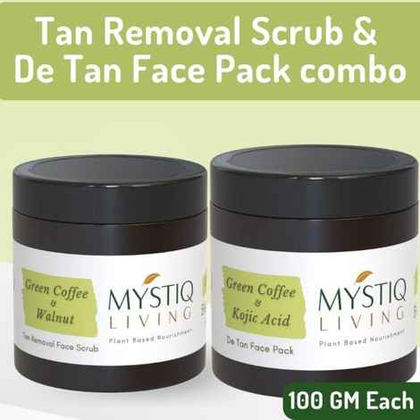Mystiq Living Tan Removal Face Scrub (100 gm) & Face Pack Green Coffee Blemish Clear (100 gm) with Kojic Acid, Anti Pigmentation, Dark Spot Removal, De tan Exfoliate Dead Skin and Blackheads , Skin Brightening & Glowing Skin For Women & Men (Combo of 2)