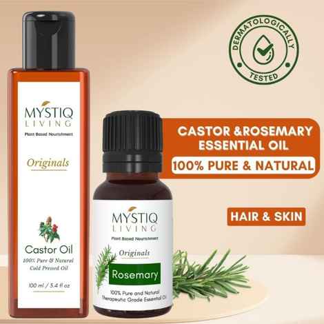 Mystiq Living Rosemary Essential Oil & Castor Oil for Hair Growth & Hair Fall Control Oil, Rosemary Oil -15 ml, Cold Pressed Castor Oil For Face, Eyebrows & Eyelashes Growth -100 ml (Combo of 2)