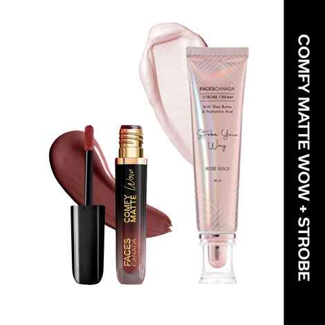 FACES CANADA Comfy Matte Wow Liquid Lipstick - Cocoa Crush 07 (3.8 ml) & Rose Gold Strobe Cream (30 ml) Combo