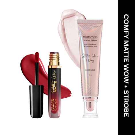 FACES CANADA Comfy Matte Wow Liquid Lipstick - Maroon Maven 05 (3.8 ml) & Rose Gold Strobe Cream (30 ml) Combo