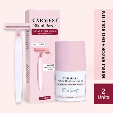 Carmesi Bikini Razor - Pack of 1 & Underarm Roll On Deodorant for Women - Floral Sunset (50 ml)