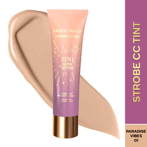 FACES CANADA Strobe CC Tint - Paradise Vibes 01, 27 ml | 5-in-1 Serum + Moisturizer + Primer + BB/CC Cream + Strobe Cream | Lightweight | Radiant Dewy Glass Skin Glow | Niacinamide & Hyaluronic Acid | For Light to Medium Skin