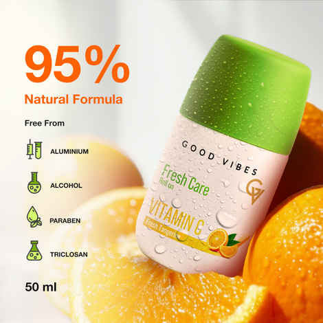 Good Vibes Fresh Care Vitamin C Underarm Roll On – Fresh Tangerine | 95% Natural Formula | Brightening & Odour Control | Alcohol-Free & Aluminium-Free | Hydrating & Stain-Free Deodorant | Gentle on Sensitive Skin – 50 ml