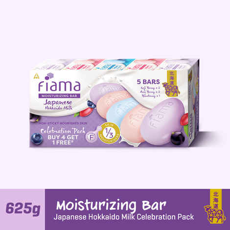 Fiama Moisturizing Bars Celebration Pack, Japanese Hokkaido Milk & Berries, Soap Pack of 5, Non-Sticky Moisturized Skin, 1/3rd Skin Moisturizers, Vitamin F, Fragrant Freshness, Buy 4 Get 1 Free