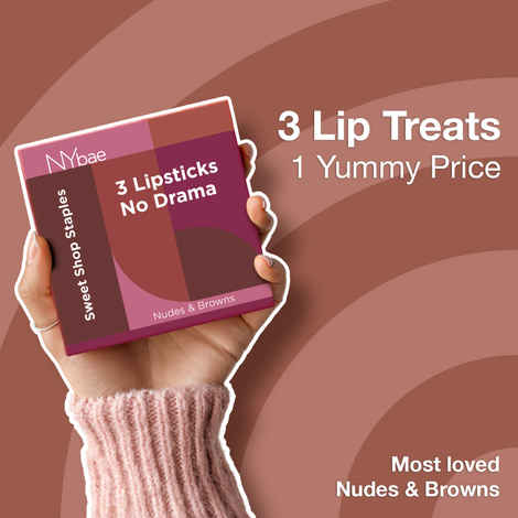 NY Bae Sweet Shop Staples Pack of 3 Lipsticks for Women (Nudes & Browns) | Long-Lasting Matte Finish | Highly Pigmented | Smooth & Even Glide | Lightweight & Comfortable Wear | Non-Drying Formula | Enriched with Vitamin E