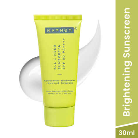 Hyphen All I Need Sunscreen SPF50 PA++++ | Brightens - Niacinamide, Kojic Acid, Vit C Rich Kakadu Plum | Lightweight Non-Greasy UVA/B Protection -30 ml