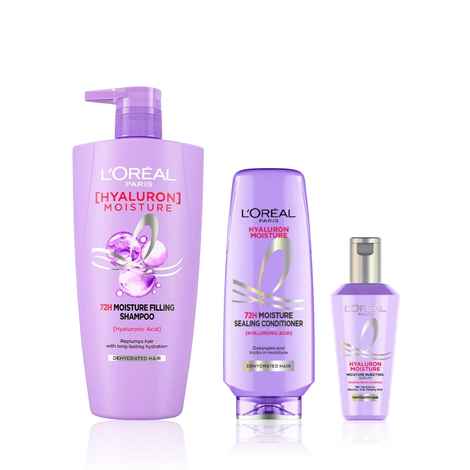 Buy L'Oreal Paris Hydration Power Trio : Hyaluron Moisture Shampoo (650 ml)+ Hyaluron Moisture Conditioner (386 ml)+ Hyaluron Moisture Hair Serum 40 ml) Combo of 3 - Purplle