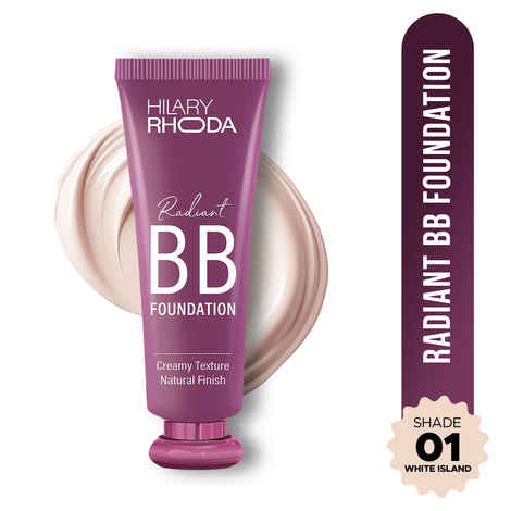 Hilary Rhoda Radiant BB Foundation | Ultra-Creamy & Lightweight Formula | 9 to 5 Stay | Hides Blemishes & Dark Spots | Blends Easily | Dewy Finish | 60 gm (White Island | Shade 01)