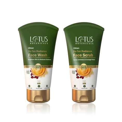 Lotus Ubtan Un-Tan Twins: Lotus Botanicals Ubtan De-Tan Radiance Face Wash (100 ml) + Ubtan De-Tan Radiance Face Scrub (100 gm) Combo of 2
