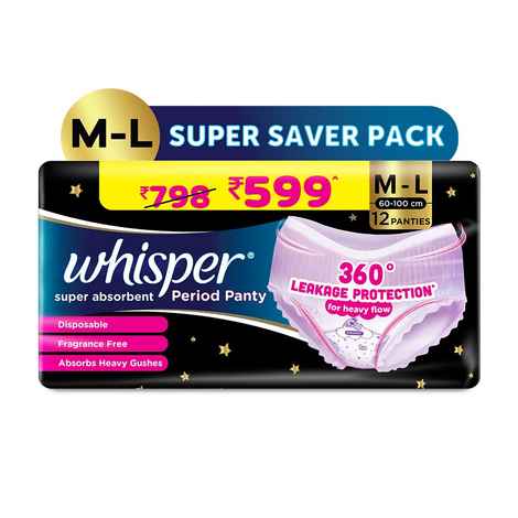 Buy Whisper Super Absorbent Period Panty, 12 pc M-L Pants, 360 Degree Leakage Protection for Heavy Flow - Purplle