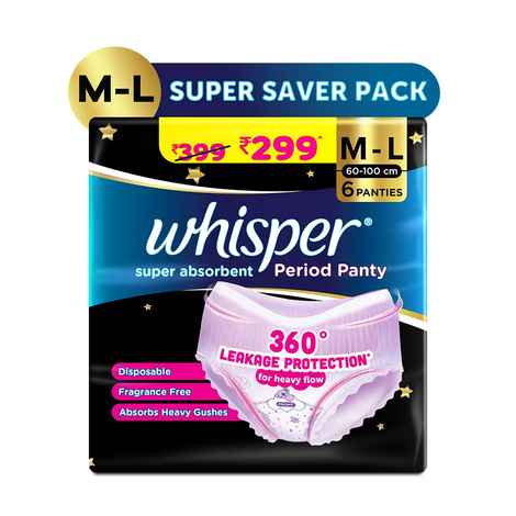Buy Whisper Super Absorbent Period Panty, 6 pc M-L Pants, 360 Degree Leakage Protection for Heavy Flow - Purplle
