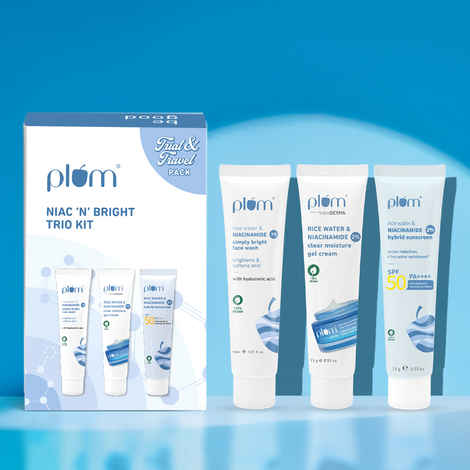 Plum Niac ‘N’ Bright Trio Kit | with Niacinamide Face Wash (15 ml), Niacinamide Gel Cream (15 gm) & Niacinamide Sunscreen (15 gm) Combo of 3