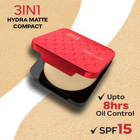 FACES CANADA 3in1 All Day Hydra Matte Compact Powder - Beige 02, 9 gm | SPF 15 | Mattifying | Controls Oil & Sweat | Hides Dark Spots & Acne Scars | Buildable Coverage | Lightweight | Blends Easily