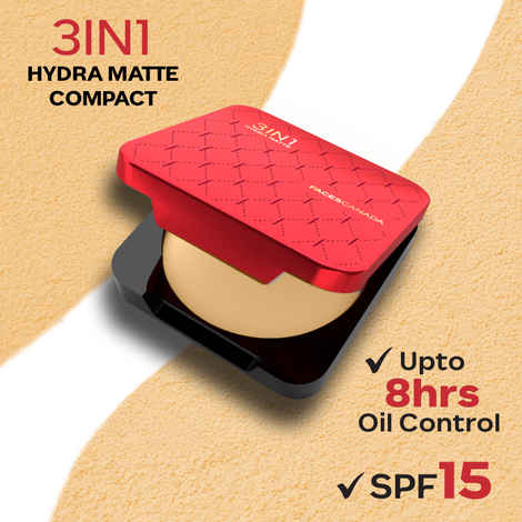 FACES CANADA 3in1 All Day Hydra Matte Compact Powder - Sand 04, 9 gm | SPF 15 | Mattifying | Controls Oil & Sweat | Hides Dark Spots & Acne Scars | Buildable Coverage | Lightweight | Blends Easily