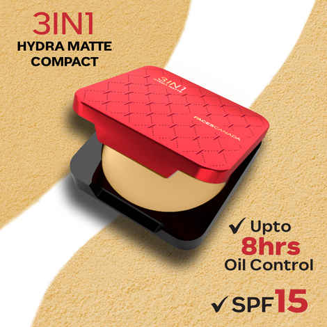 FACES CANADA 3in1 All Day Hydra Matte Compact Powder - Honey 05, 9 gm | SPF 15 | Mattifying | Controls Oil & Sweat | Hides Dark Spots & Acne Scars | Buildable Coverage | Lightweight | Blends Easily