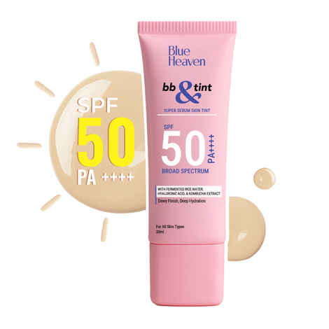 Blue Heaven BB & Tint | BB Cream For Face Makeup | 4 in 1 Lightweight Foundation for women + Moisturizer + SPF 50 PA++++ with Fermented Rice Water, Hyaluronic Acid | Natural 104 | 30 ml