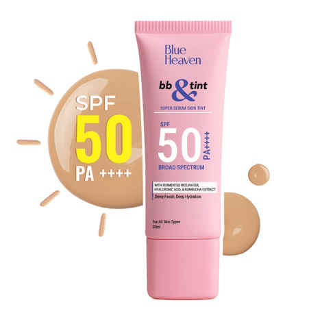 Blue Heaven BB & Tint | BB Cream For Face Makeup | 4 in 1 Lightweight Foundation for women + Moisturizer + SPF 50 PA++++ with Fermented Rice Water, Hyaluronic Acid | Honey Tan 302 | 30 ml