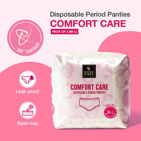 Good Vibes Comfort Care Disposable Period Panties for Women Pack of 5 (M-L) | Leak-Proof, Rash-Free & Super Absorbent | 360° Coverage | Overnight Protection for Heavy Flow | Sanitary Underwear |