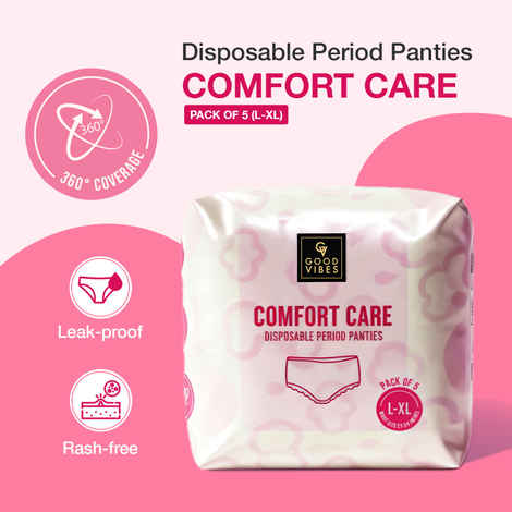 Good Vibes Comfort Care Disposable Period Panties for Women Pack of 5 (L-XL) – Leak-Proof, Rash-Free & Super Absorbent | 360° Coverage | Overnight Protection for Heavy Flow | Sanitary Underwear |