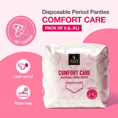 Good Vibes Comfort Care Disposable Period Panties for Women Pack of 5 (L-XL) – Leak-Proof, Rash-Free & Super Absorbent | 360° Coverage | Overnight Protection for Heavy Flow | Sanitary Underwear |