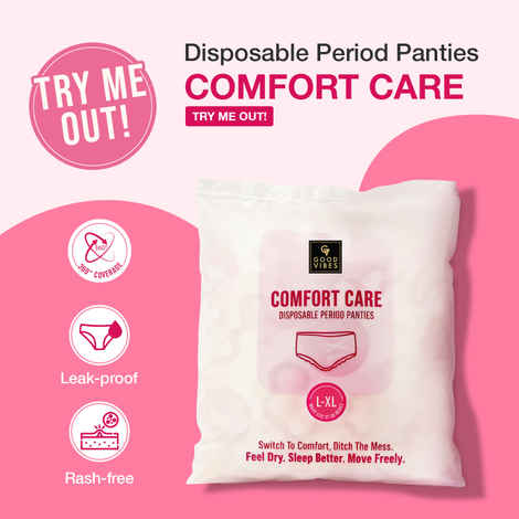 Good Vibes Comfort Care Disposable Period Panty Pack of 1 Travel & Trial Pack (L - XL) Leak-Proof, Rash-Free & Super Absorbent | 360A° Coverage | Overnight Protection for Heavy Flow | Sanitary Underwear 1 pc