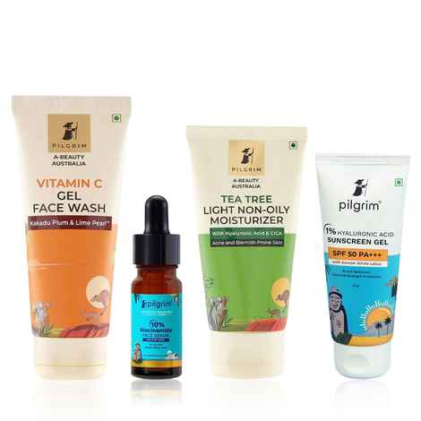 Buy Pilgrim CSMS Skincare Combo of 4 – Cleanser (100 ml), Serum (10 ml), Moisturizer (80 gm) & Sunscreen SPF 50 (50 gm) | Complete Skincare Routine | Hydrates, Brightens & Protects | For All Skin Types, Skincare kit - Purplle