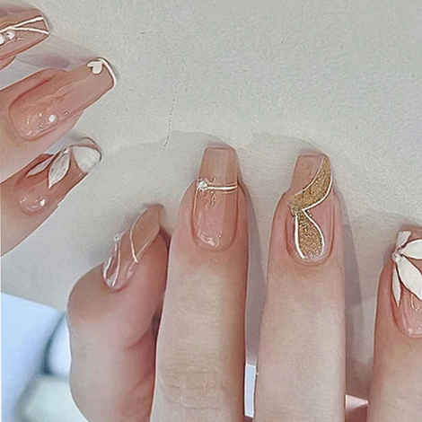 Secret Lives acrylic artifical glossy artifical fake false press on nails nude brown color 3d pearls & white flower design 24 Pc set with kit