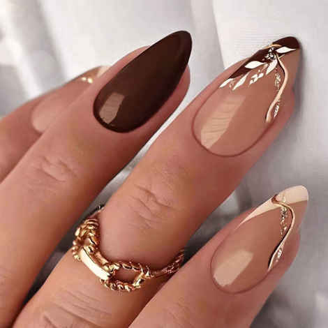 Secret Lives Acrylic Artifical Reusable Almond shape Brown & Coffe color with Black Curve White Leaves & Golden Glitter Women's Designer Press on Nails 24 Pc with Kit