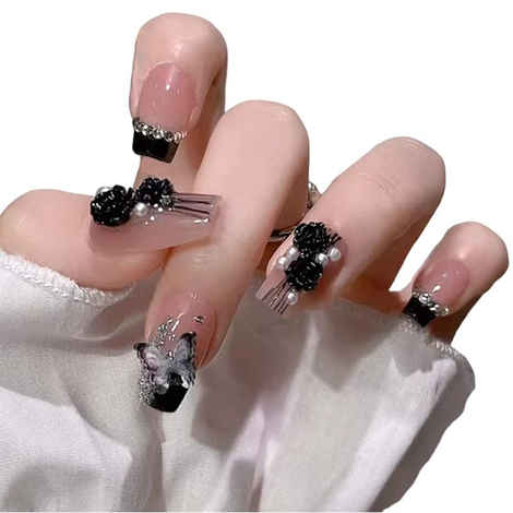 Secret Lives acrylic press on nails designer artificial nails extension glossy nude skin color with 3D butterfly & 3D flowers fake nail 24 Pc set