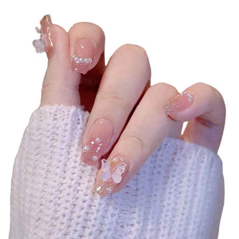 Buy Secret Lives acrylic translucent press on nails artifical designer 3D white bow & pearl with pink glitter color nails extension 24 Pc combo set with kit beautiful fake false nails - Purplle