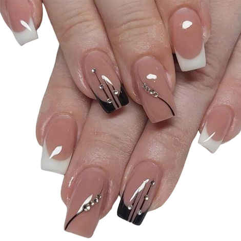 Secret Lives acrylic press on nails artifical designer french fake nails extension skin & black color combo with studs 24 Pc set with manicure kit