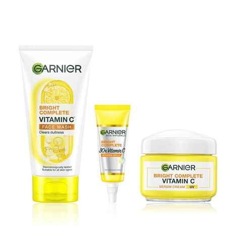 Garnier Bright Complete Vitamin C Essentials Kit: Vitamin C Facewash(150 gm) + Vitamin C Serum Cream(45 gm) + Bright Complete Serum(7 ml) Combo of 3