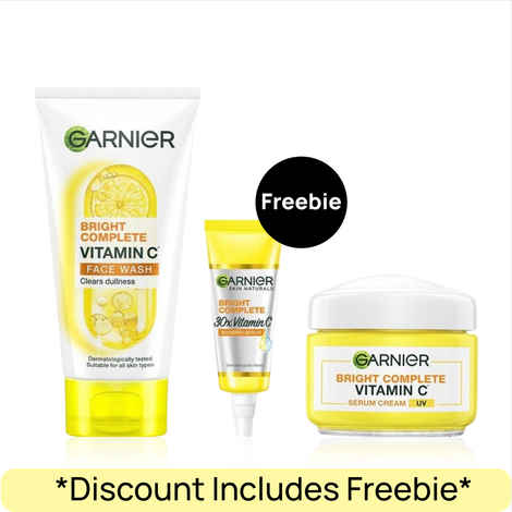 Buy Garnier Bright Complete Vitamin C Essentials Kit: Vitamin C Facewash(150 gm) + Vitamin C Serum Cream(45 gm) + Bright Complete Serum(7 ml) Combo of 3 - Purplle