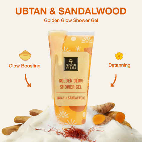 Buy Good Vibes Ubtan & Sandalwood Golden Glow Shower Gel | Natural Glow Boosting & De-Tan Care | Gentle Daily Cleansing Body Wash | Brightening, Soothing & Hydrating | Suitable for All Skin Types – 200 ml - Purplle