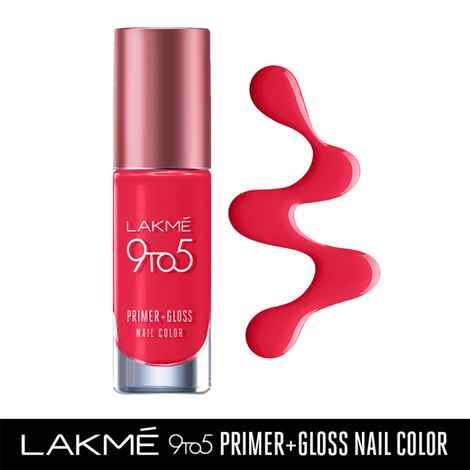 Lakme 9 to 5 Primer + Gloss Nail Colour, RedCarnival, 6 ml
