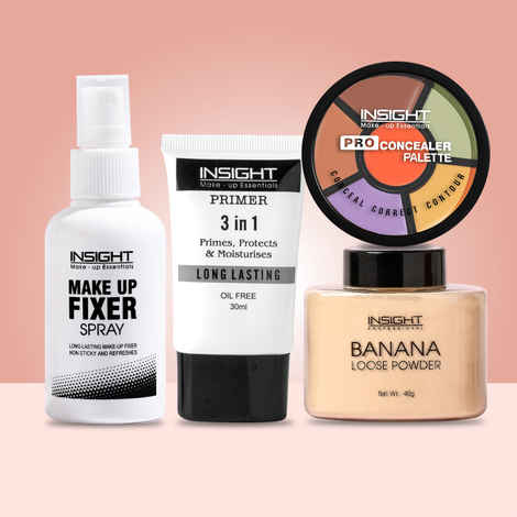 Insight Cosmetics Flawless Base Kit: Banana Loose Powder, 40g + 3 In 1 Long Lasting Primer (30 ml) + Pro Concealer Palette + Makeup Fixer Spray 75 ml