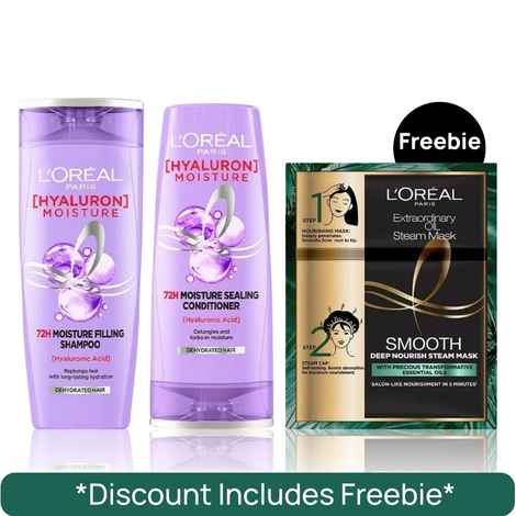 L'oreal Paris Spa Retreat Hyaluron Combo ( 72H Moisture Filling Shampoo (200 ml) + 72H Moisture Sealing Conditioner (175 ml) + Extraordinary Oil Smooth Steam Mask (Paraben Free)