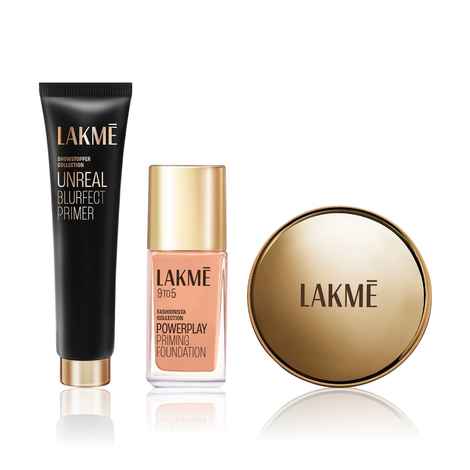Lakme Makeup combo ( Powerplay Primin gm Powder Foundation Compact Ivory Cream (9 gm) + 9 To 5 Fashionista Collection Powerplay Priming Foundation - Cool Ivory C100 (25 ml) + Unreal Blurfect Primer |Mattifies & Blurs Pores (10 gm))