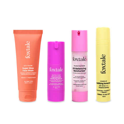 Foxtale Clear Glow Combo | Super Glow Face Wash + 12% Niacinamide Serum + Oil Balancing Moisturizer + SPF 70 Matte Sunscreen | Fades tan, controls oil, clears skin, adds glow