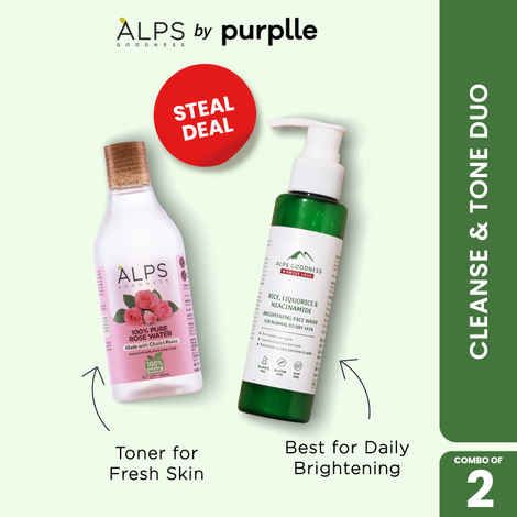Alps Goodness Cleanse & Tone Duo (Combo of 2) | Rose Water (305 ml) & Rice Liquorice Face Wash (100 ml) | Alcohol-Free Toner | Gentle Cleanser for Normal to Dry Skin