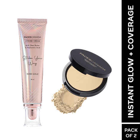 FACES CANADA Instant Glow + Coverage Combo - Weightless Stay Matte Finish Compact - Ivory 01 (9 gm) + Strobe Cream - Rose Gold (30 ml) | Highlighter Glow | Waterproof & Smudgeproof