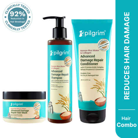 Pilgrim Korean Rice Water & Collagen Advanced Damage Repair Shampoo + Conditioner + Hair Mask | Hair Fall Control, Soft & Silky Hair | 200 ml +200 ml +200 gm | Combo of 3, Haircare Kit