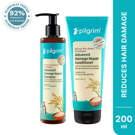 Pilgrim Korean Rice Water & Collagen Advanced Damage Repair Shampoo + Conditioner | Hair Fall Control, Soft & Silky Hair | 400 ml, Haircare Kit Combo of 2