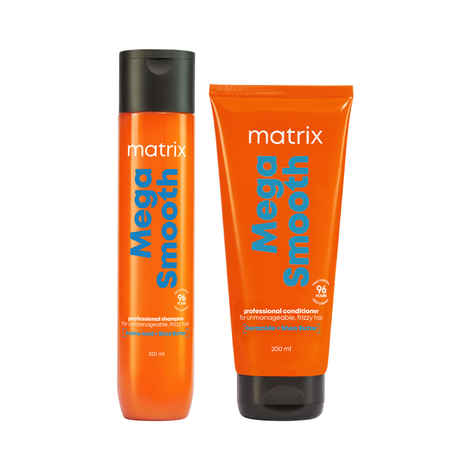 Matrix Mega Smooth Shampoo and Conditioner Combo for Frizzy, Dry Unmanageable Hair | Defy Frizz for 4 Days | Used by 1 Lakh Hairstylists* | with Shea Butter and Amino Acid (350 ml + 200ml) Combo of 2