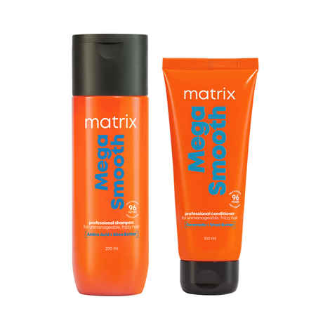 Matrix Mega Smooth Shampoo and Conditioner Combo for Frizzy, Dry Unmanageable Hair | Defy Frizz for 4 Days | Used by 1 Lakh Hairstylists* | with Shea Butter and Amino Acid (200ml + 100ml) Combo of 2